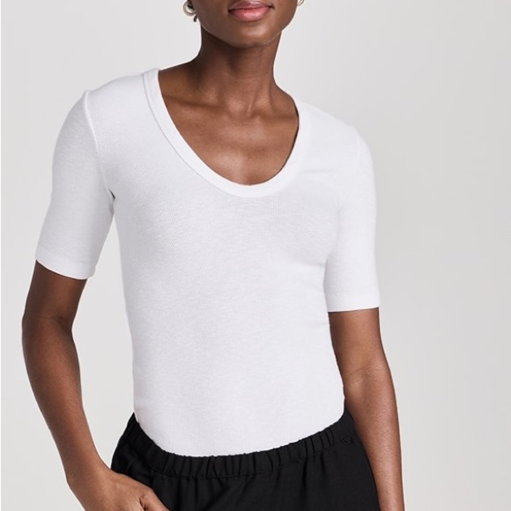 Enza Costa White Short-Sleeve Scoop Neck Ribbed Bodysuit